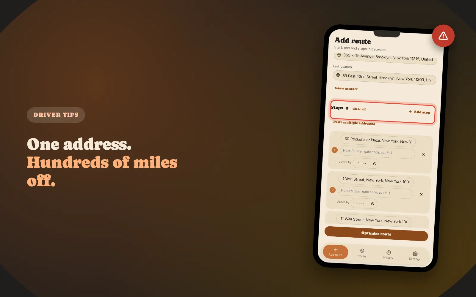 One flagged stop in a delivery route stop list — Fix My Route bad-address detection