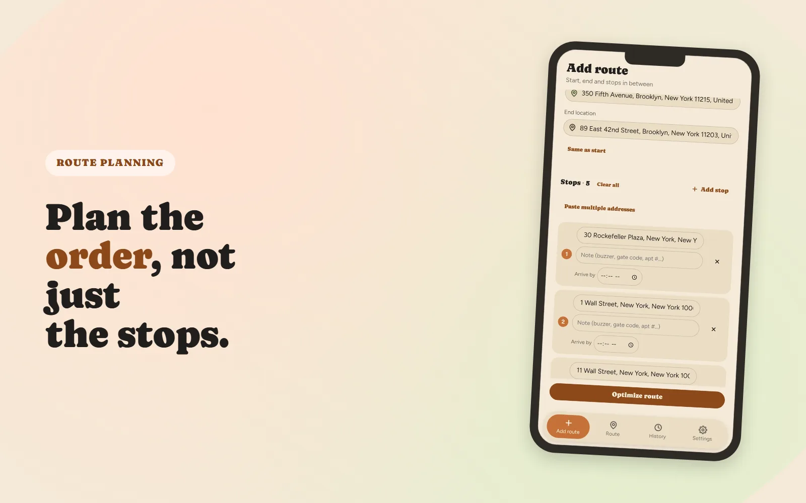 Delivery stop list with addresses being planned into a route