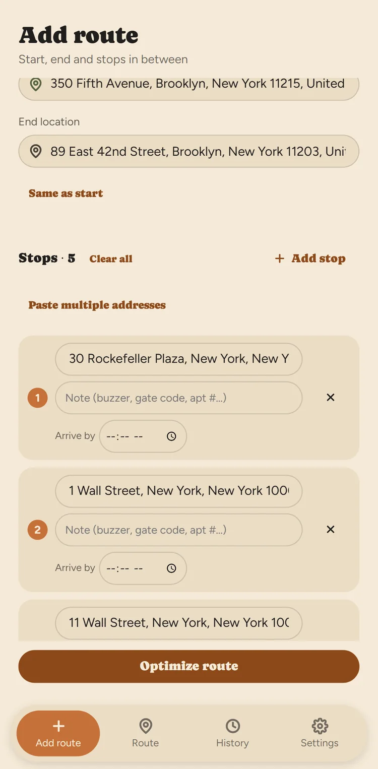 Fix My Route Add Route screen showing a start and end address plus a list of delivery stops with an Optimize route button